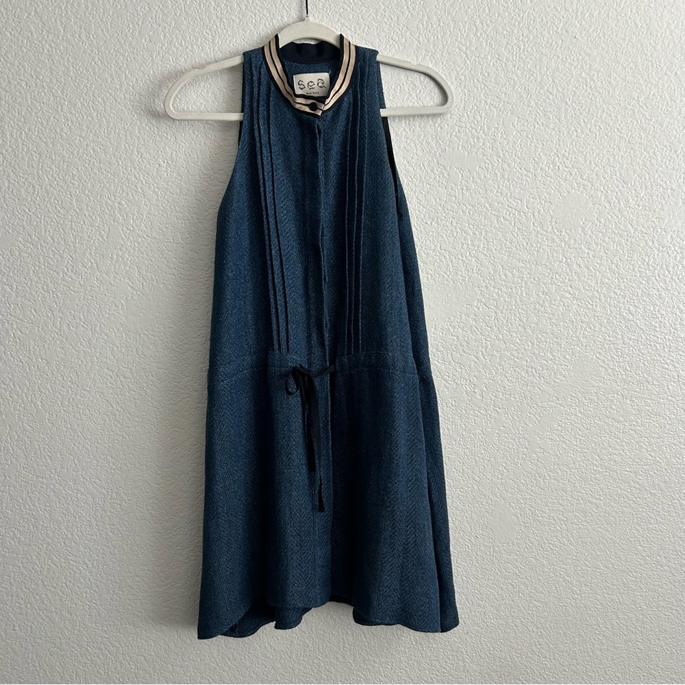 Sea New York Mini Dress Tie Waist Textured Herringbone Navy Tan 2
